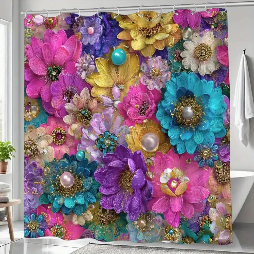 Colourful Floral Fabric Shower Curtain with Hooks