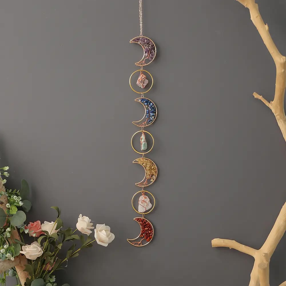 Hanging Moon Phase Wall Decor with Gemstones