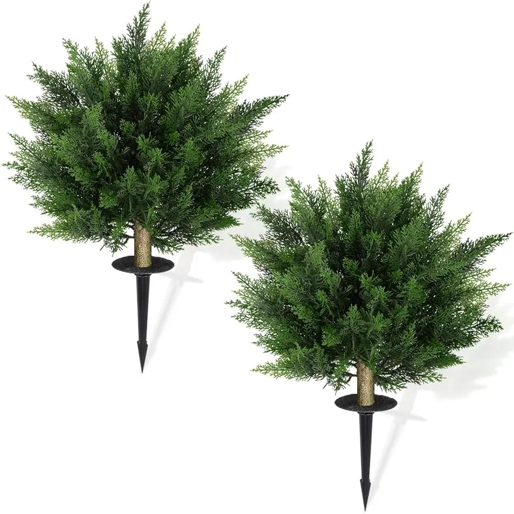 Pair of Faux Cypress Shrubs With Ground Stakes