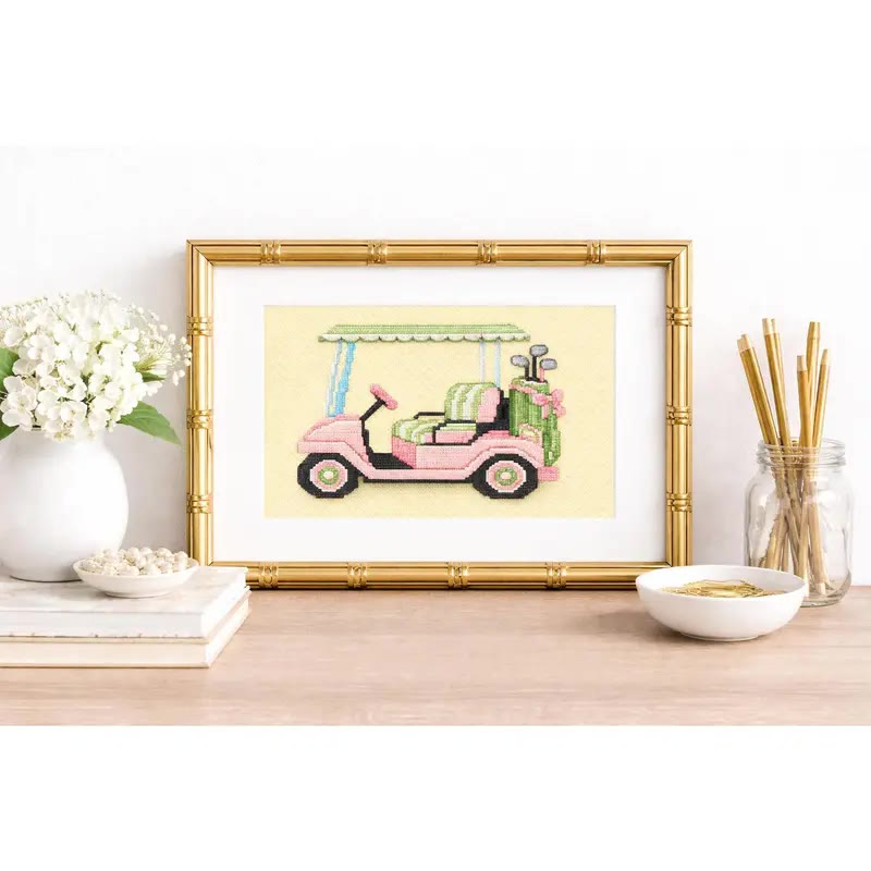 Pink and Green Golf Cart Needlepoint Canvas - photo 2
