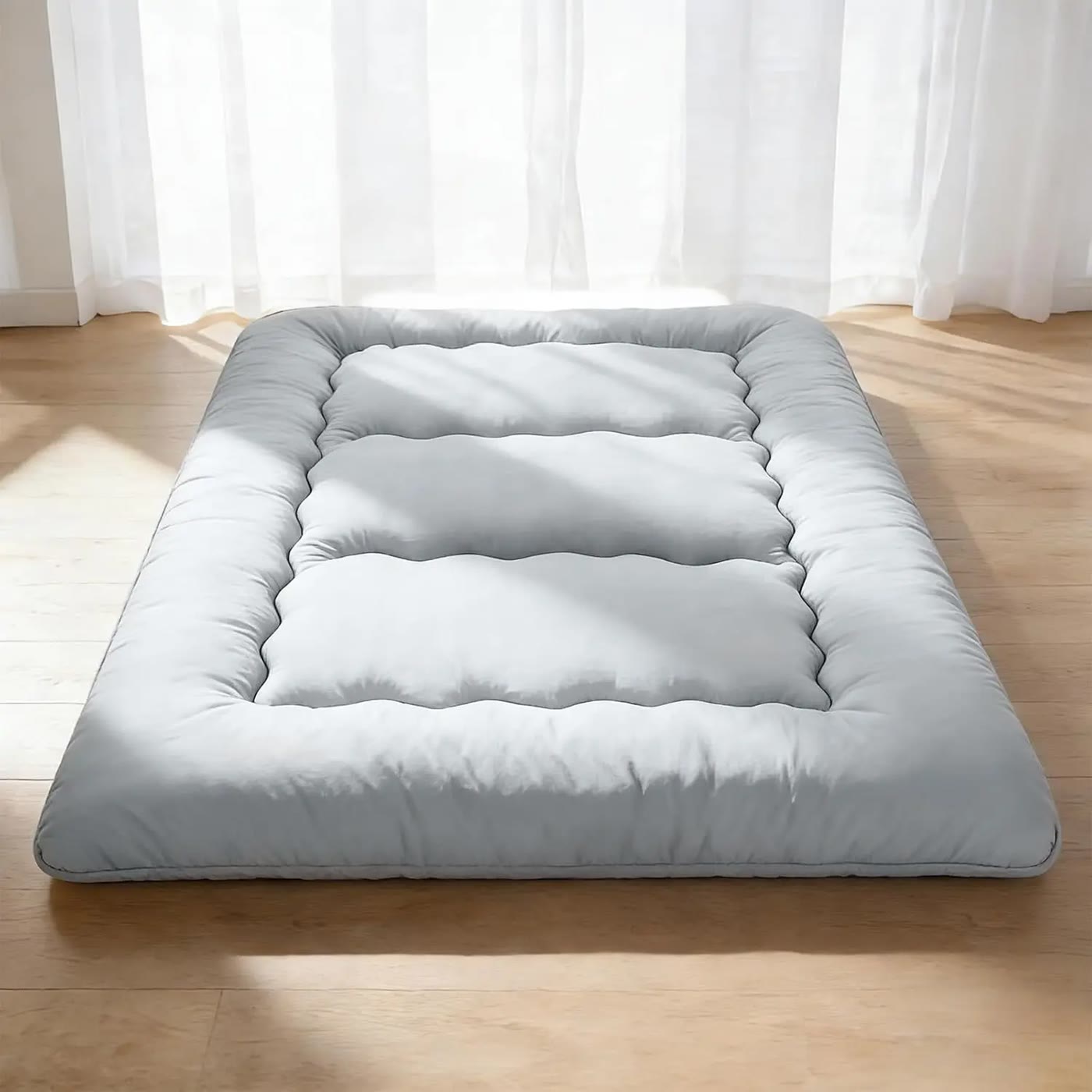 Light Grey Quilted Floor Mattress with Rounded Edges