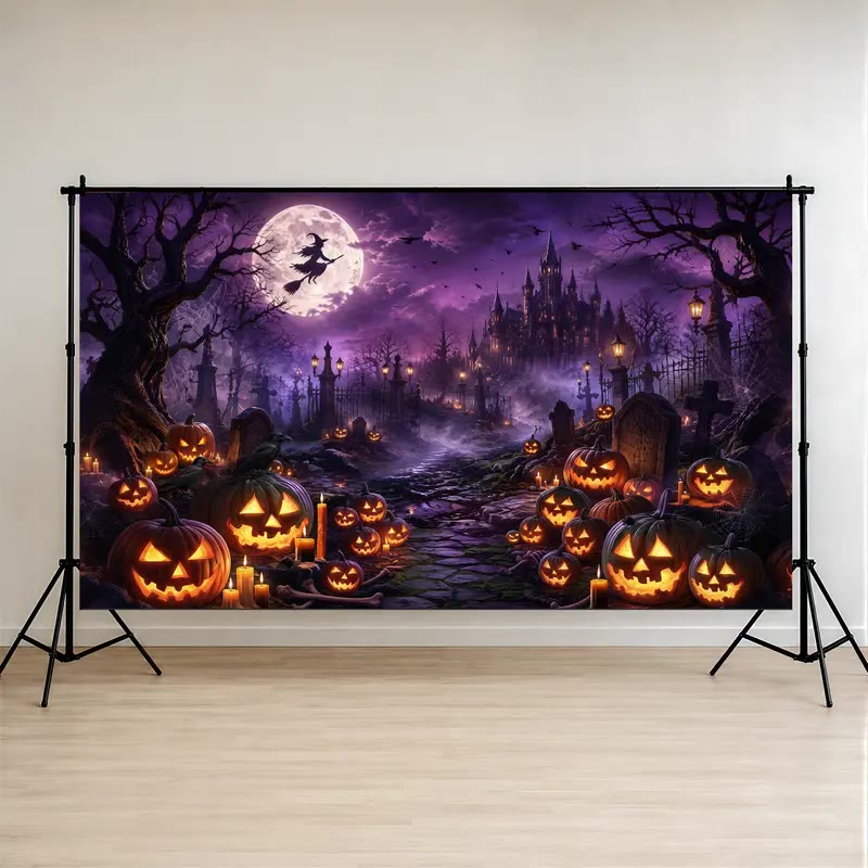 Purple Haunted Graveyard Scene Photo Backdrop - photo 2