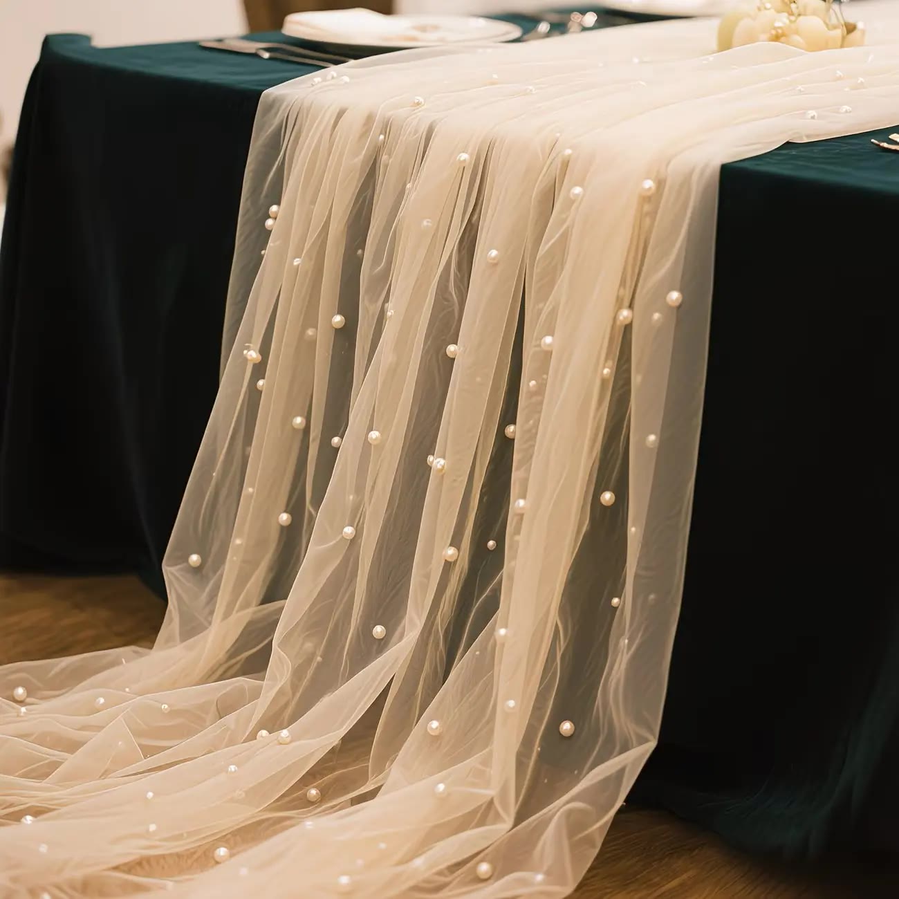 Champagne Tulle Table Runner with Pearl Beads - photo 4
