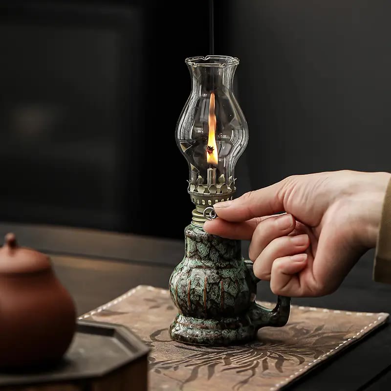 Green Glazed Ceramic Oil Lamp with Glass Chimney - photo 3