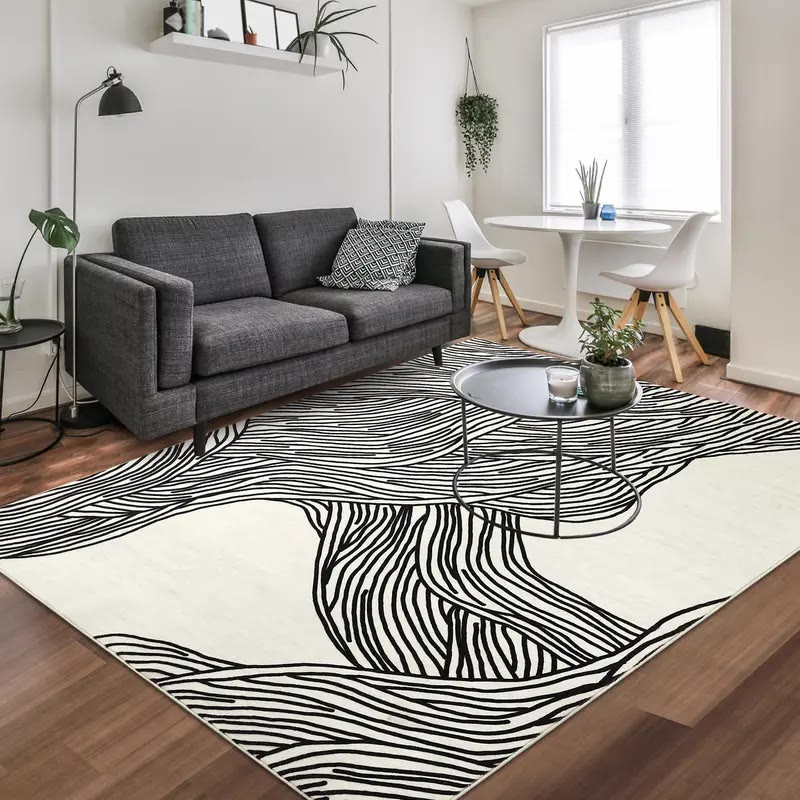 Cream Area Rug with Black Wavy Line Pattern - photo 2