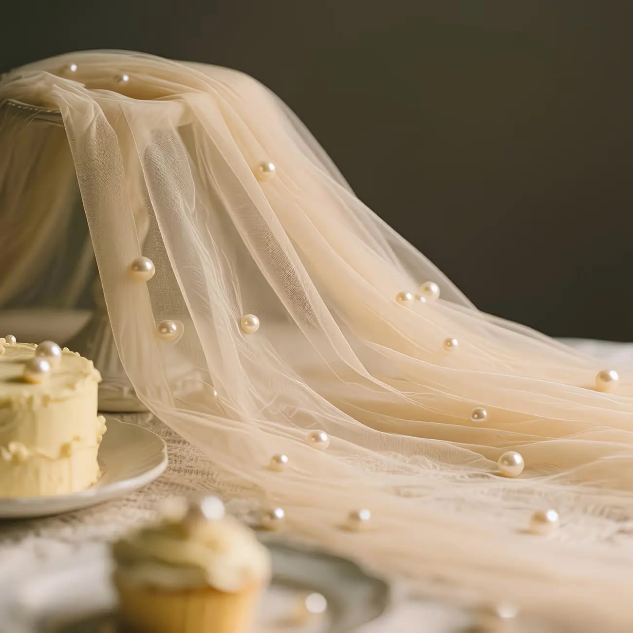 Champagne Tulle Table Runner with Pearl Beads