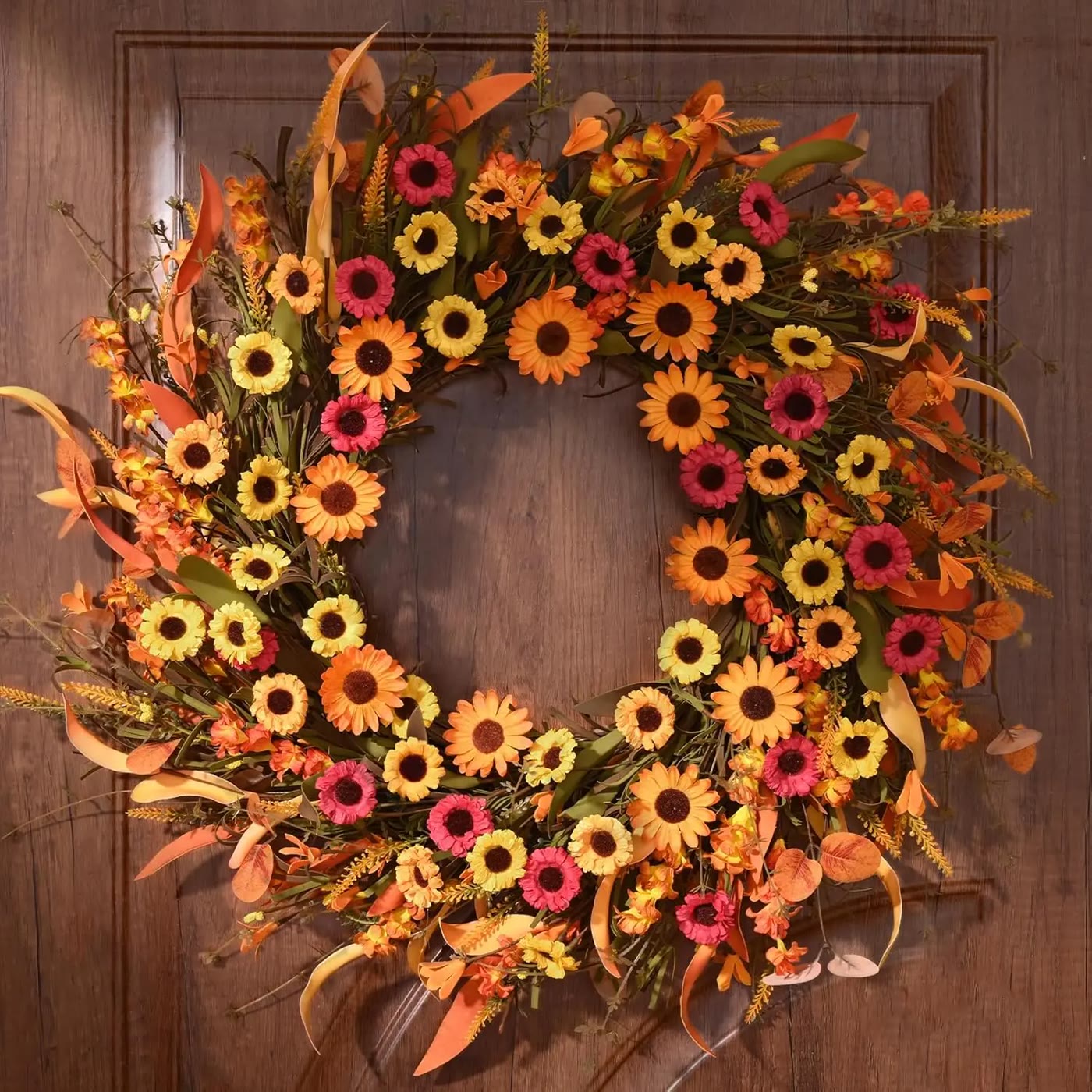 Round Autumn Door Wreath with Sunflowers and Orange Leaves