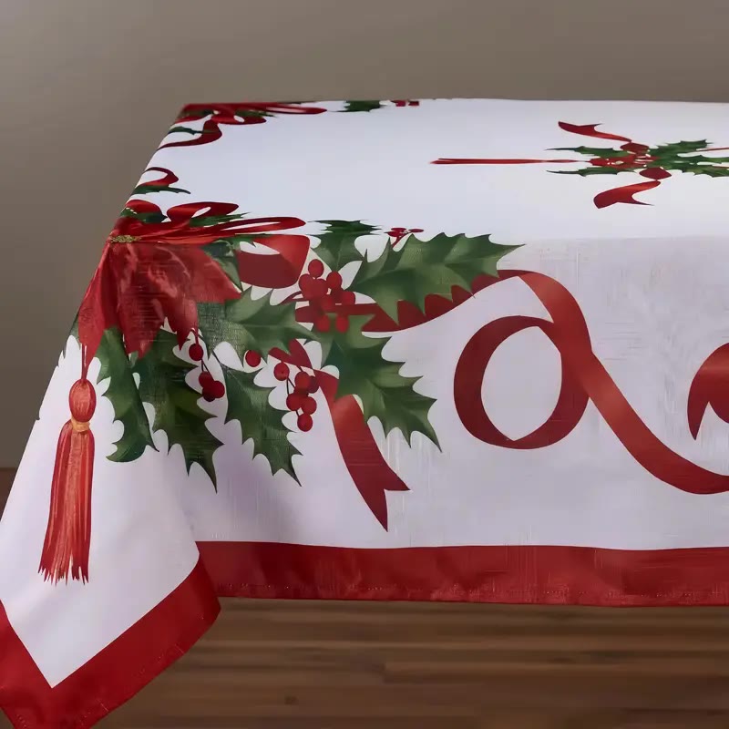 White Rectangular Tablecloth with Red Ribbon and Holly Print - photo 2