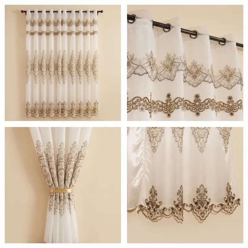 White Sheer Grommet Curtains With Gold Embroidered Design - photo 2