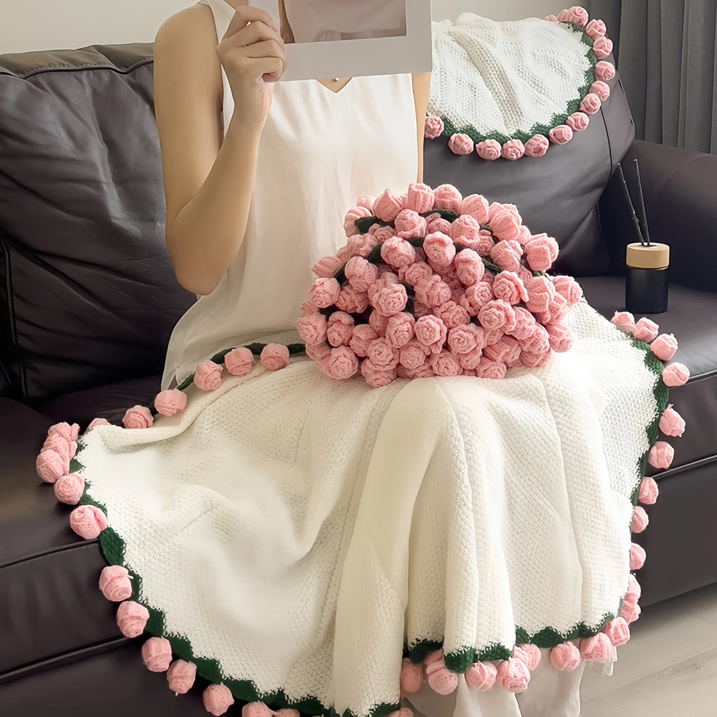 Cream Knit Throw With Pink Rose Edging