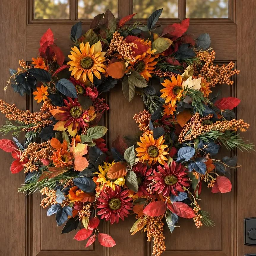 Autumn Sunflower and Berry Round Door Wreath