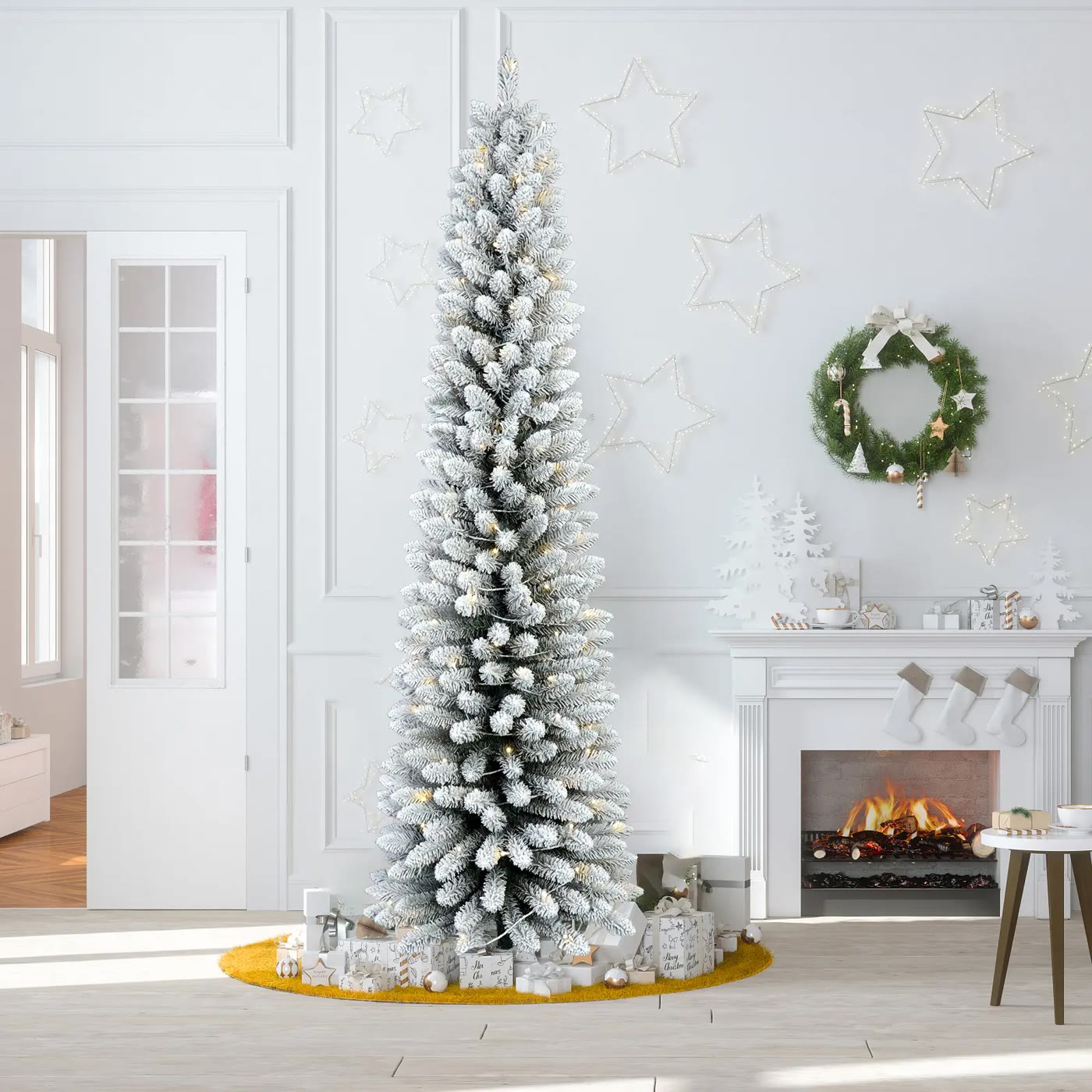 Tall Slim Snow Flocked Artificial Pencil Tree