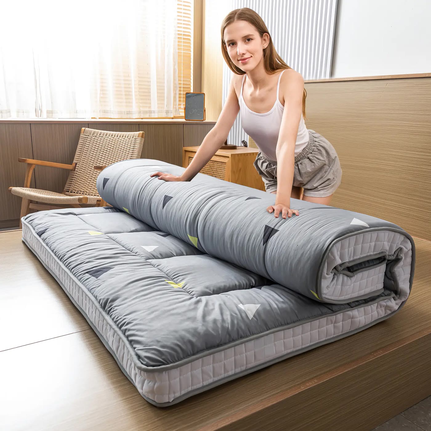 Gray Quilted Roll-Up Floor Mattress with Triangle Print