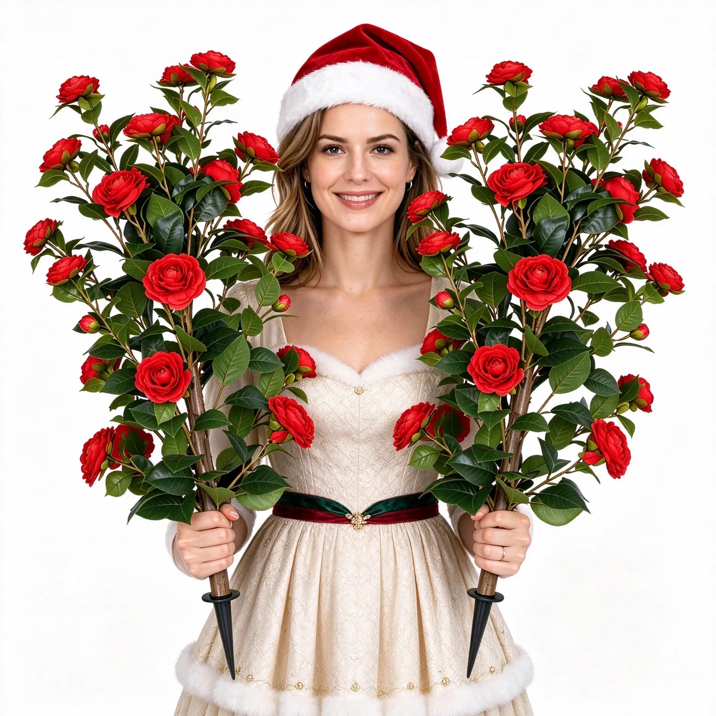 Faux Red Rose Shrub Pair With Ground Stakes