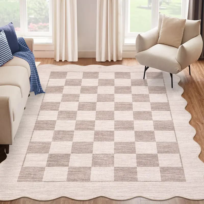 Beige Checkerboard Area Rug with Wavy Edge - photo 2