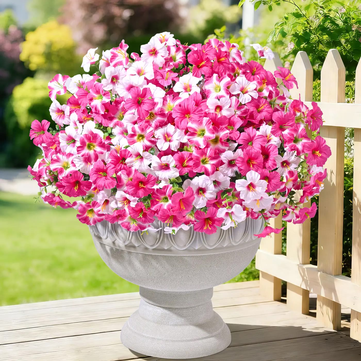 Pink and White Artificial Petunia Bunches in Urn Planter