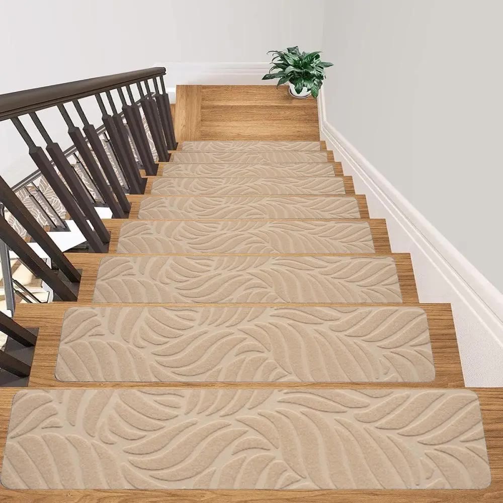 Beige Leaf-Embossed Adhesive Stair Tread Rugs
