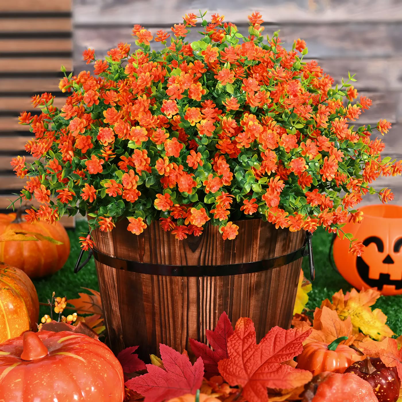 Orange Artificial Flower Bush Stems in Wooden Bucket