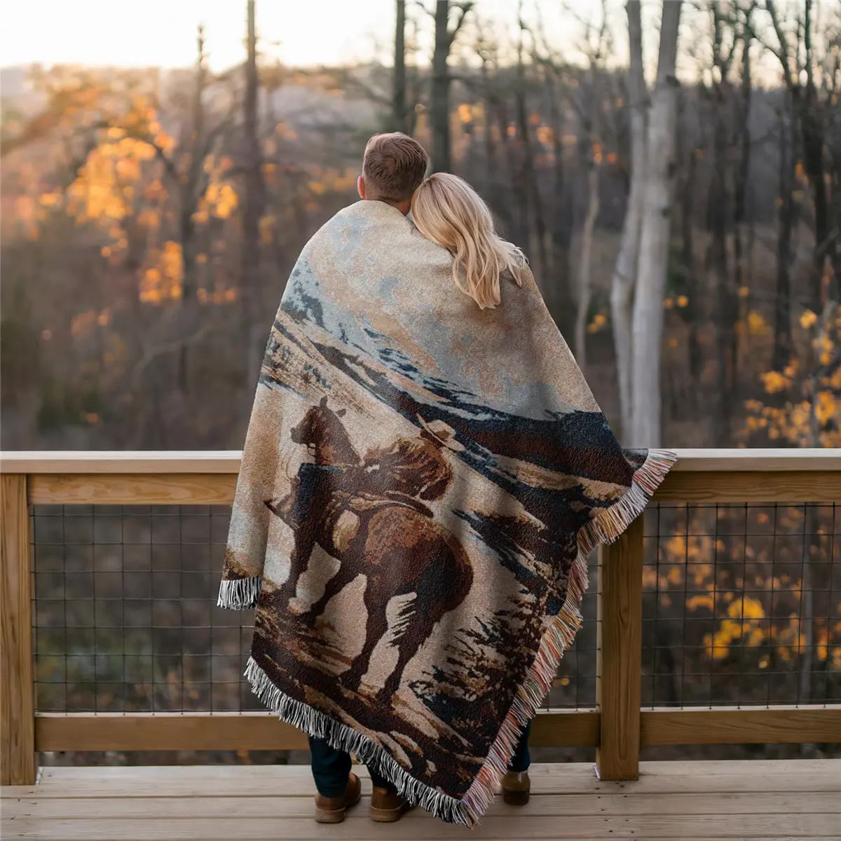 Woven Fringed Throw Blanket with Horse and Rider Scene - photo 4