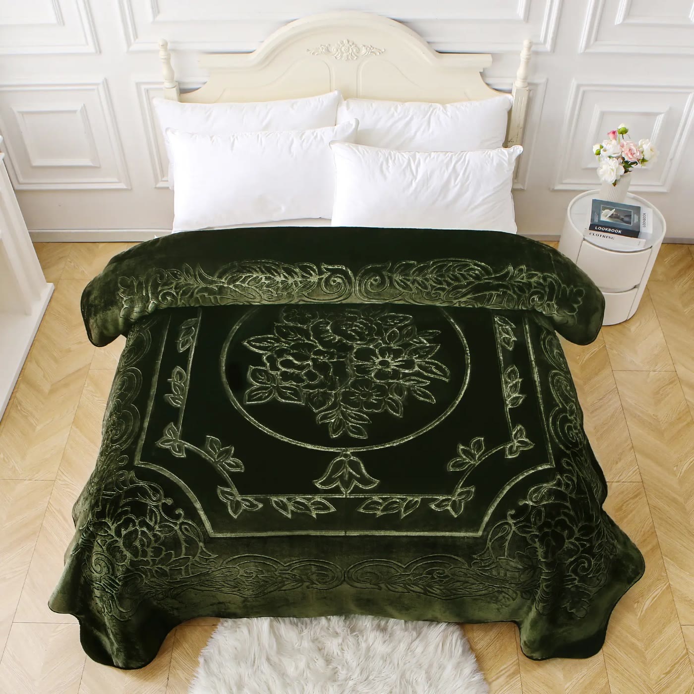 Dark Green Embossed Floral Plush Bed Blanket