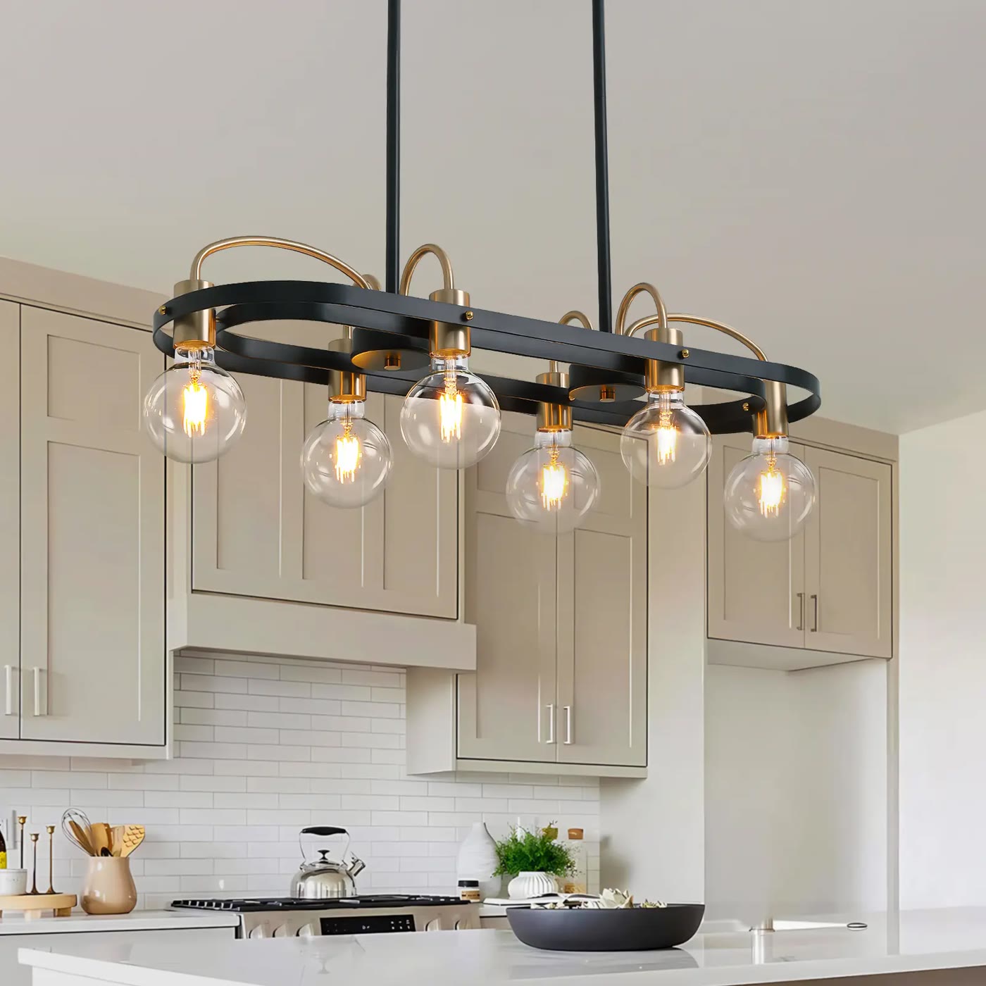 Black Oval Frame Linear Chandelier With Globe Bulbs