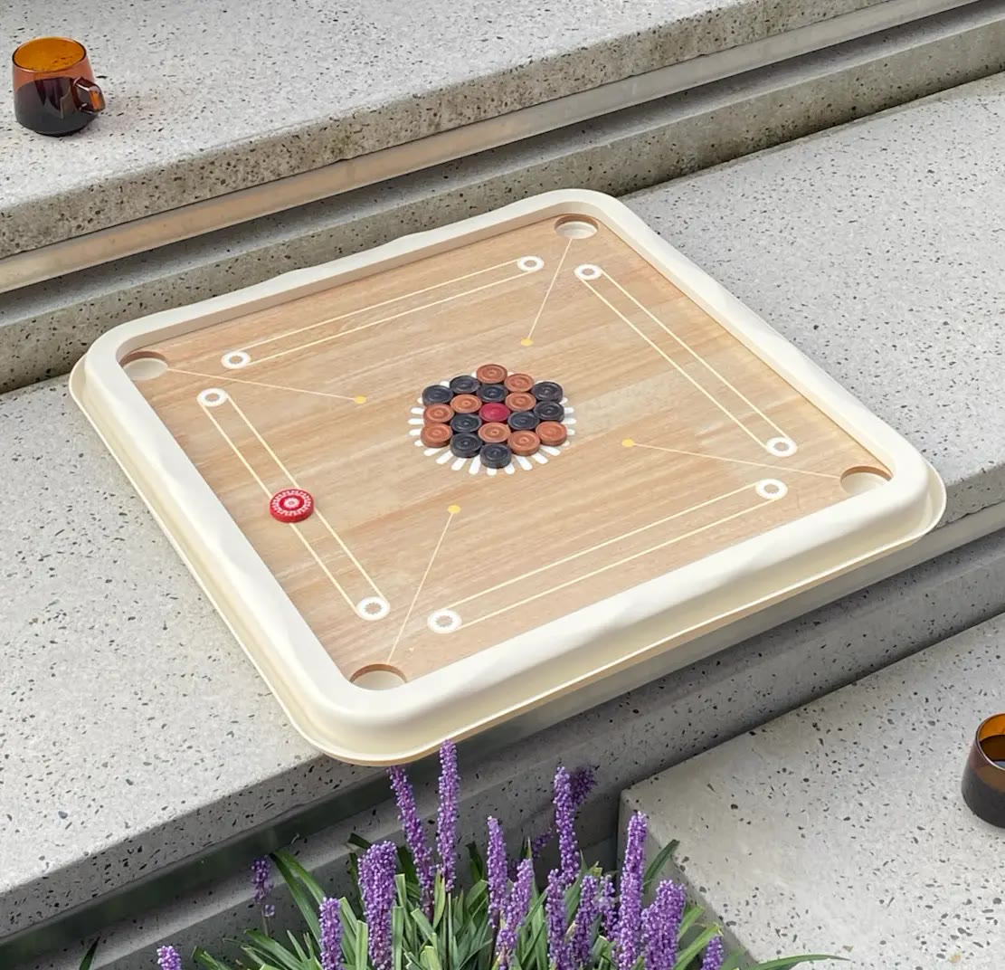 Square Wooden Carrom Board With Cream Frame and Coins