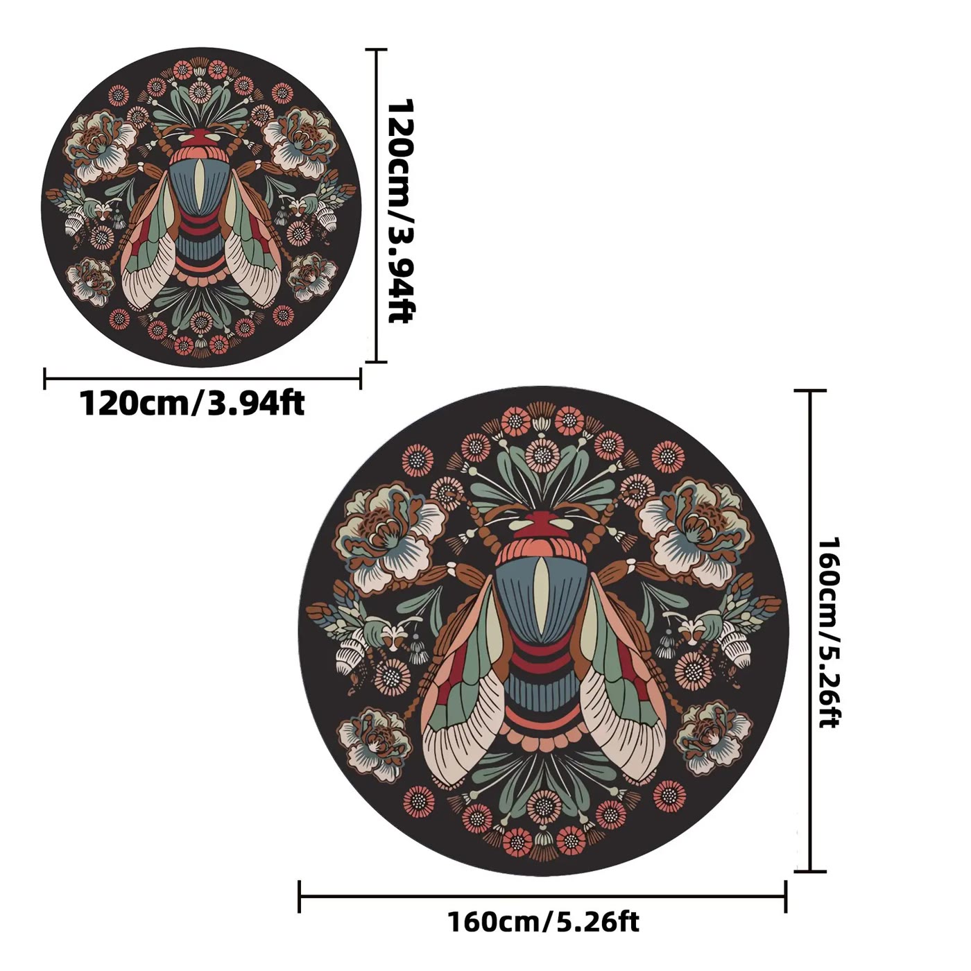Round Floor Rug with Moth and Floral Design - photo 2