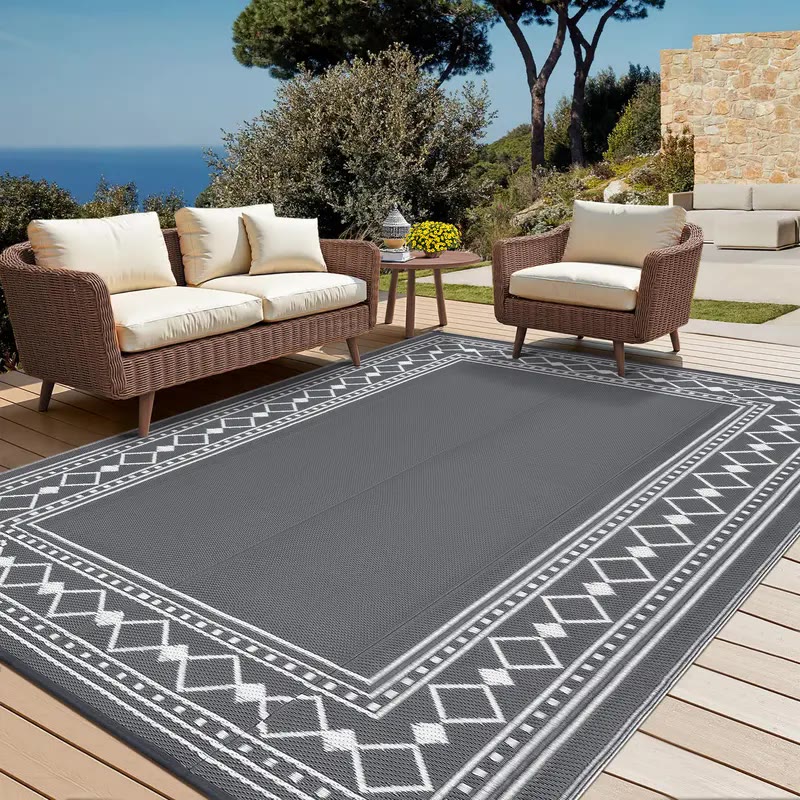 Grey Woven Outdoor Rug with White Diamond Border - photo 3