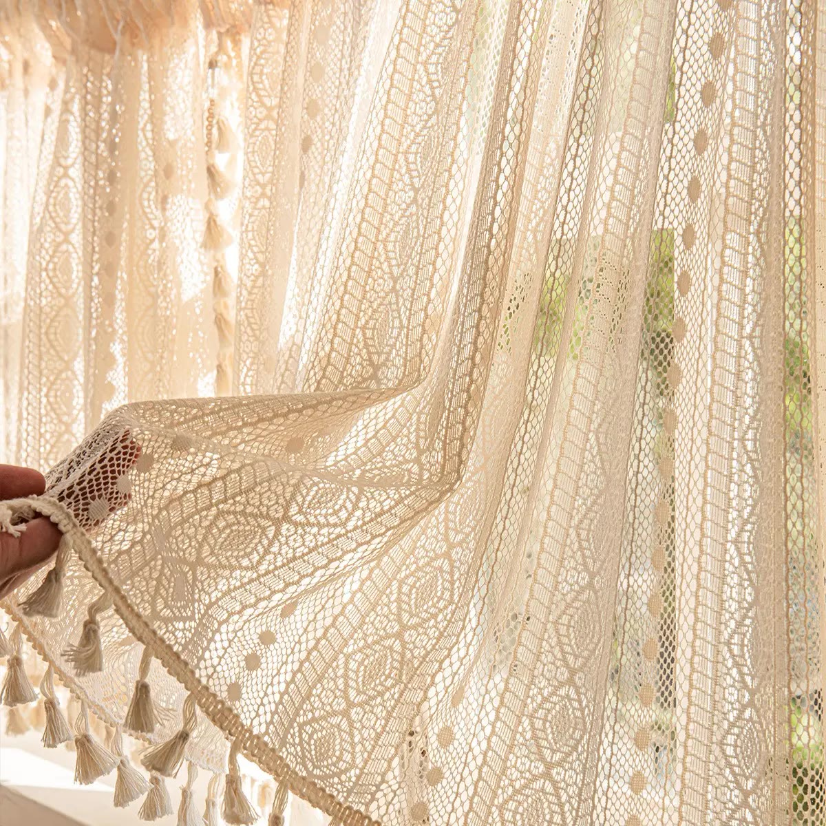 Cream Lace Curtain Panels with Tassel Trim for Patio - photo 2
