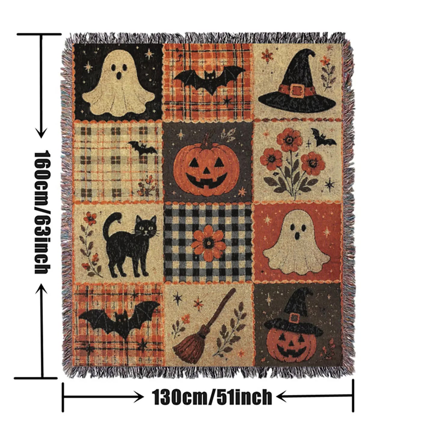Woven Fringed Blanket with Patchwork Autumn Motifs - photo 2