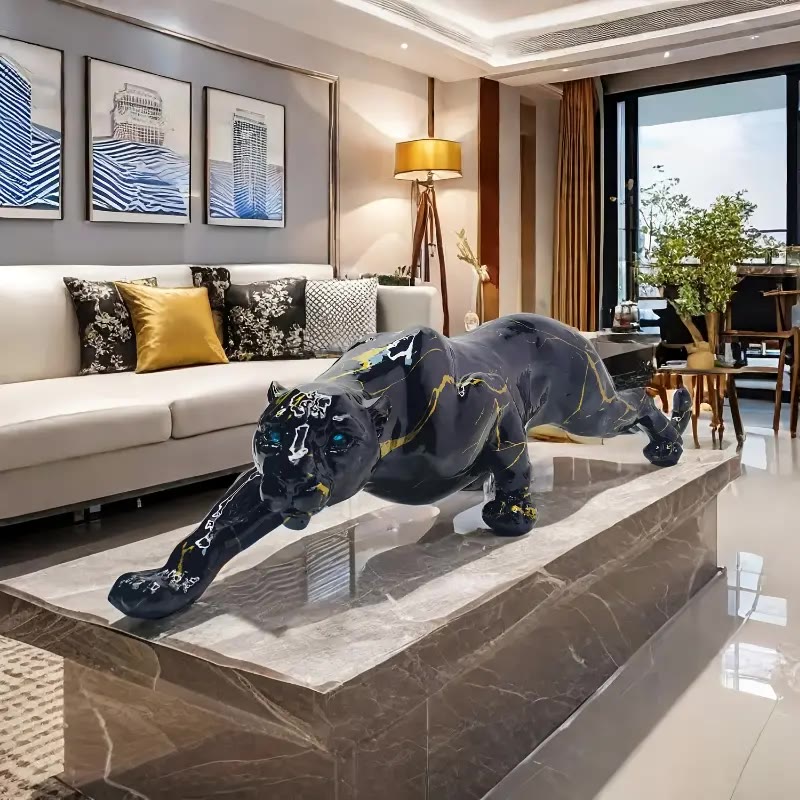 Black Resin Panther Statue With Gold Veining