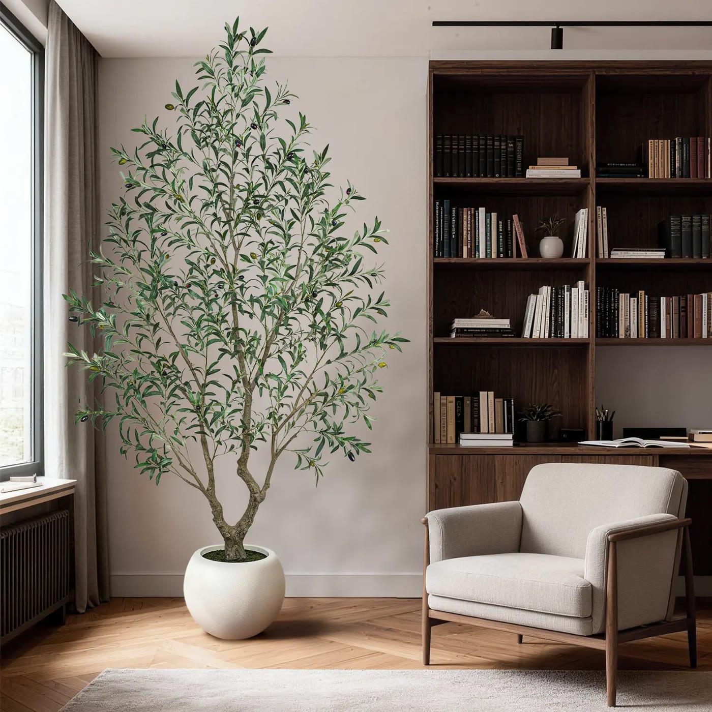 Tall Artificial Olive Tree in White Round Pot