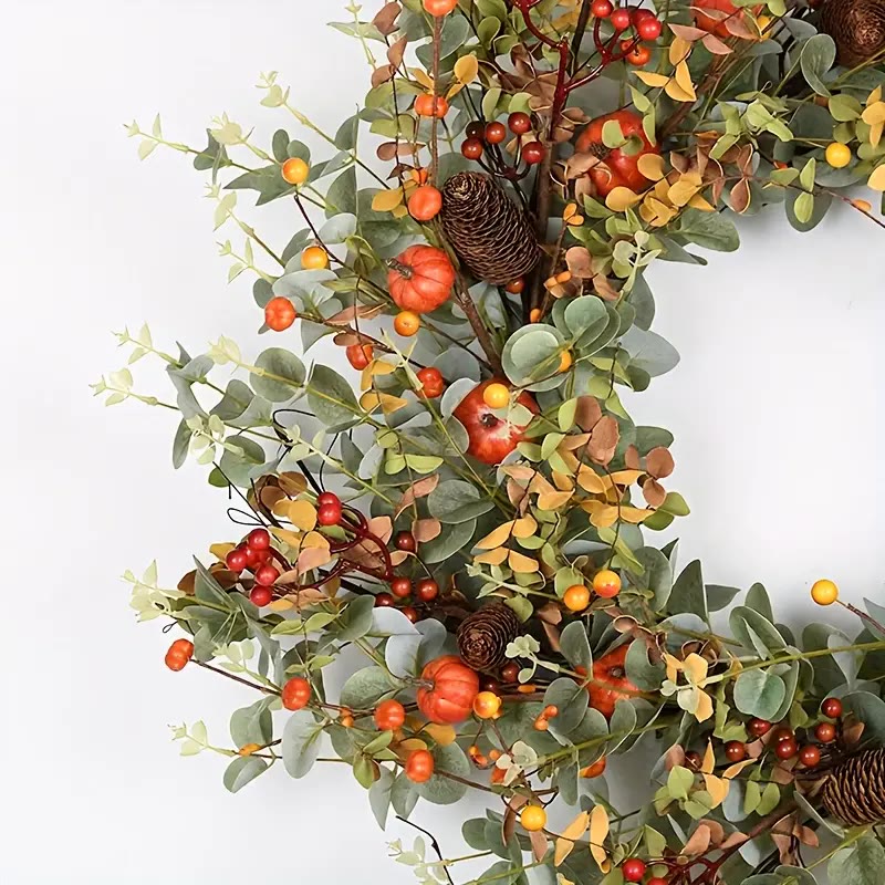 Round Faux Foliage Wreath with Pumpkins and Berries - photo 4