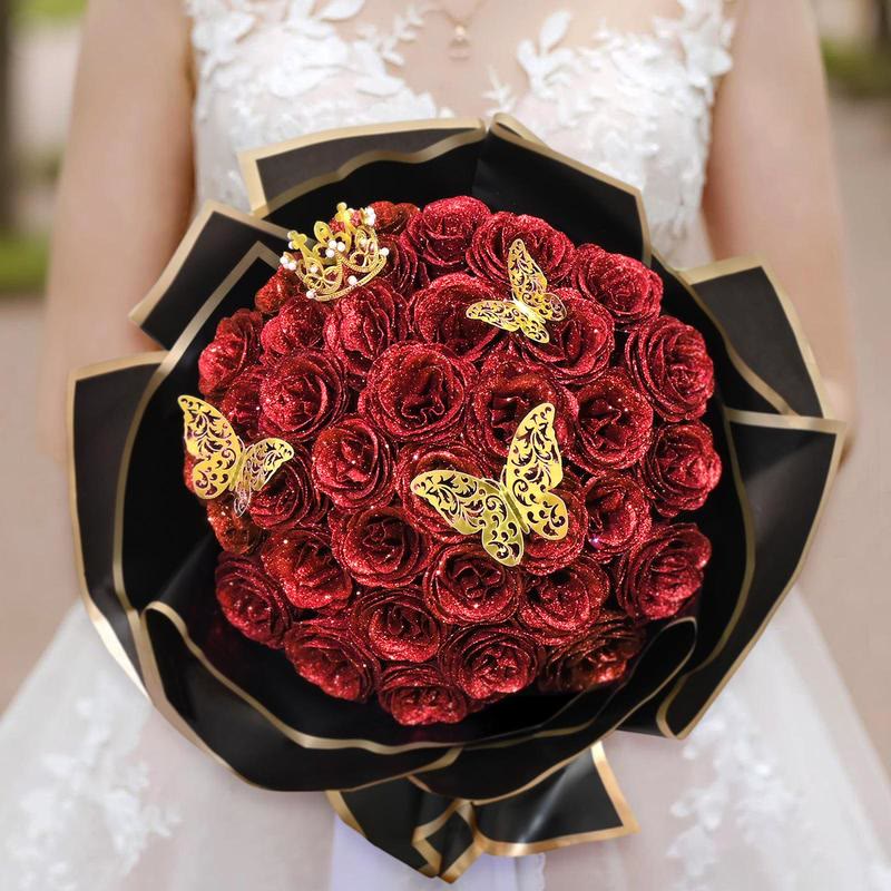 Red Glitter Rose Bouquet With Gold Butterflies