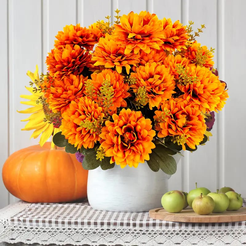 Orange Artificial Mum Bouquet with Green Leaves - photo 4