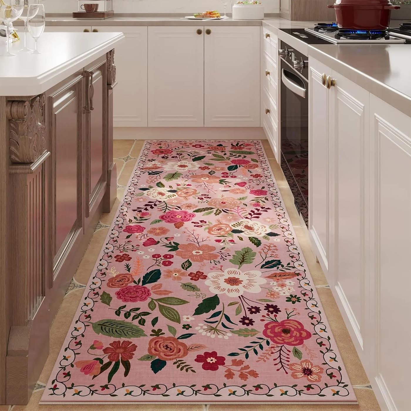 Pink Floral Runner Rug with Scrolling Border
