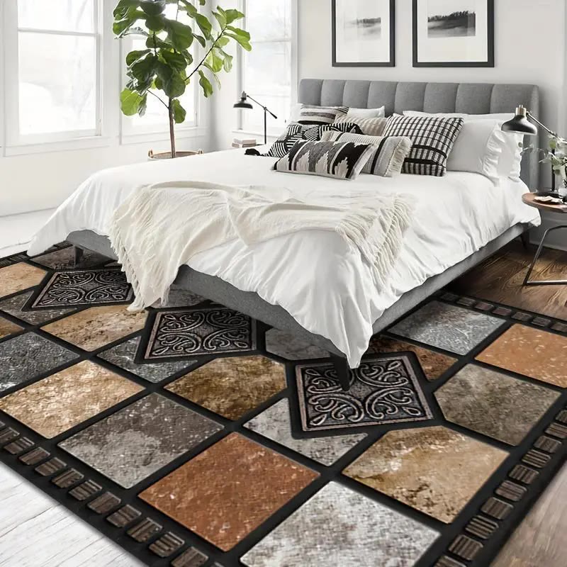 Patchwork Tile Print Area Rug, Black Border - photo 4