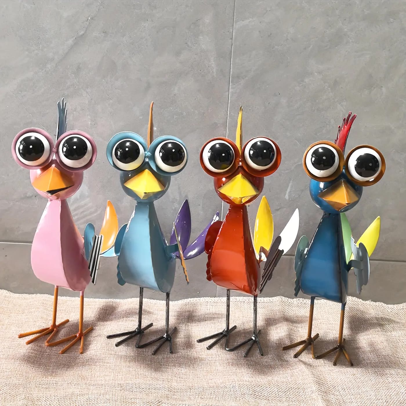 Colorful Painted Metal Bird Figurines Set