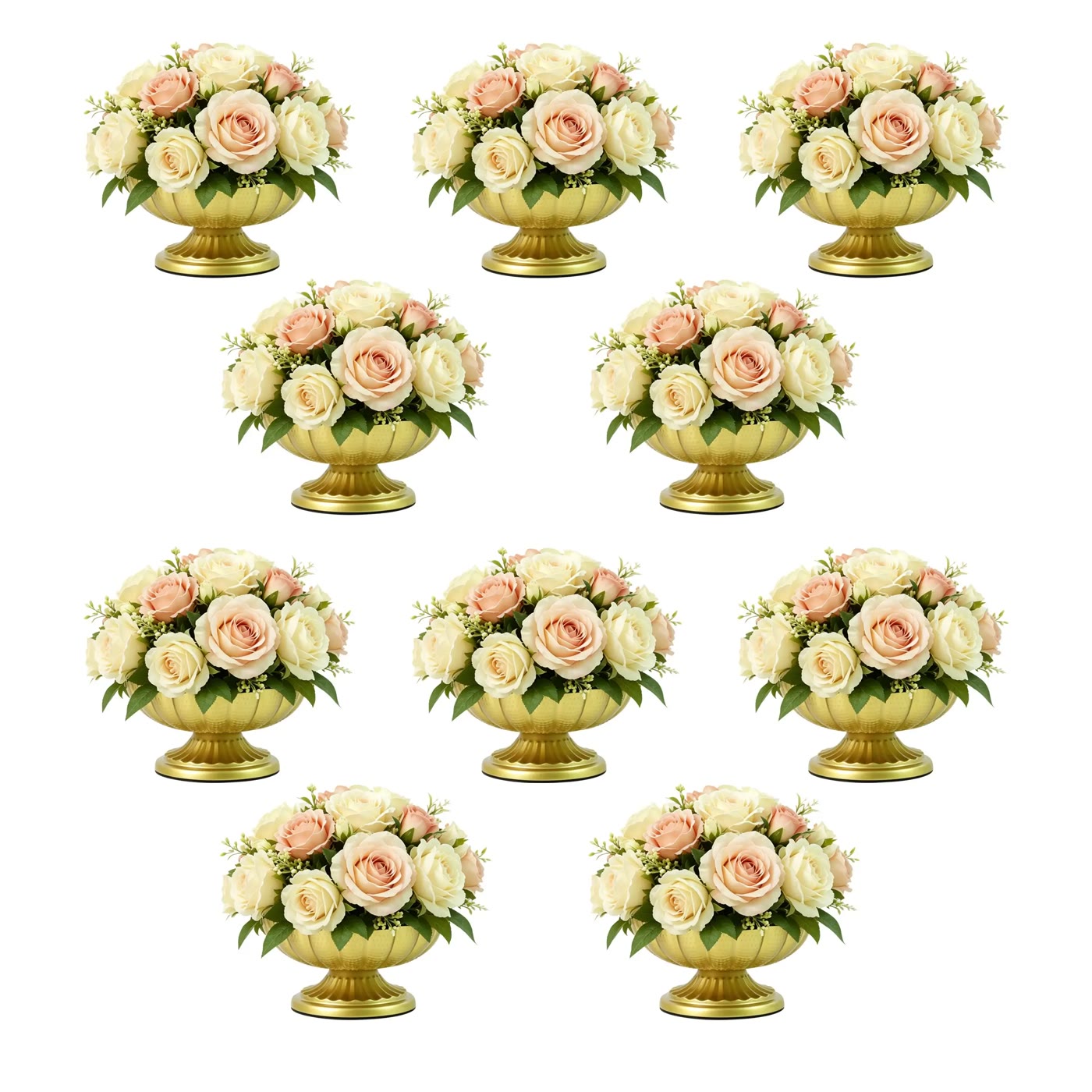 Gold Pedestal Bowl Vases with Cream Rose Arrangements