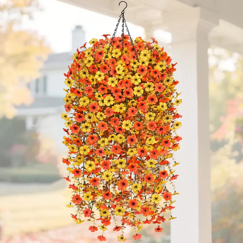 Orange and Yellow Faux Flower Hanging Basket - photo 2