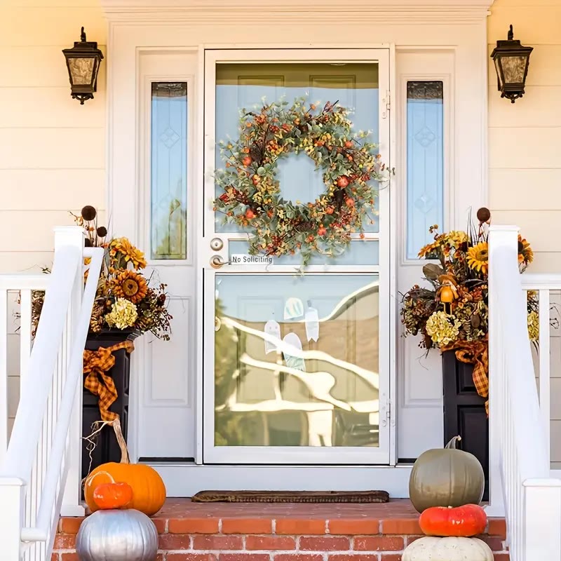 Round Faux Foliage Wreath with Pumpkins and Berries - photo 2