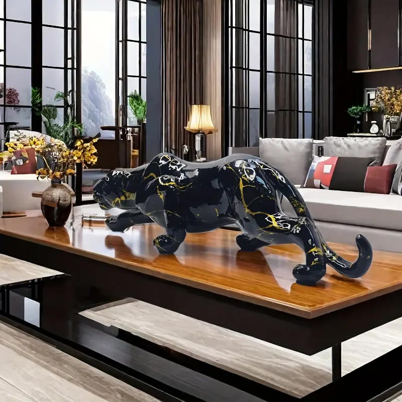 Black Resin Panther Statue With Gold Veining - photo 4