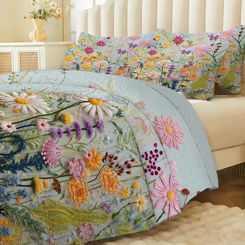Wildflower Print Quilt Set with Two Pillow Shams - photo 3