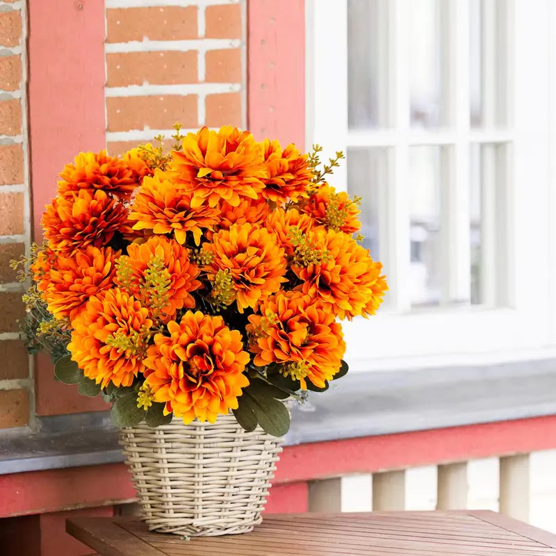 Orange Artificial Mum Bouquet with Green Leaves - photo 3