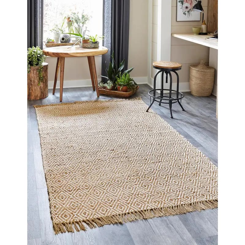 Natural Jute Area Rug With Diamond Pattern and Fringe - photo 2