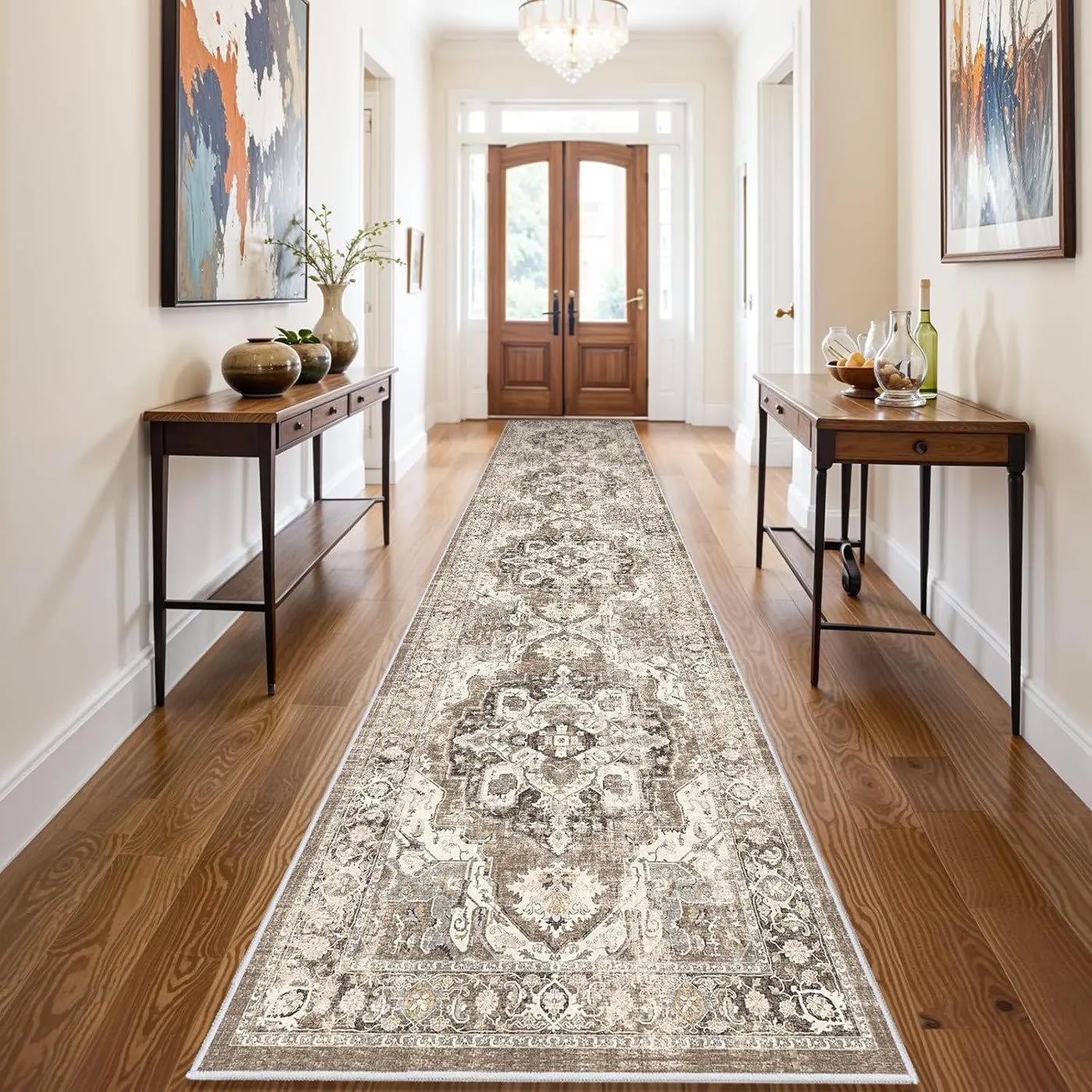 Beige Gray Medallion Pattern Runner Rug
