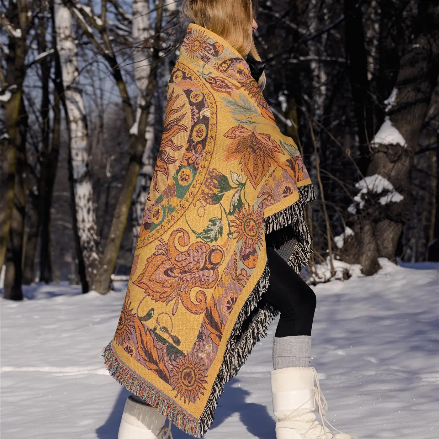 Woven Sun Pattern Fringed Throw Blanket in Gold - photo 3