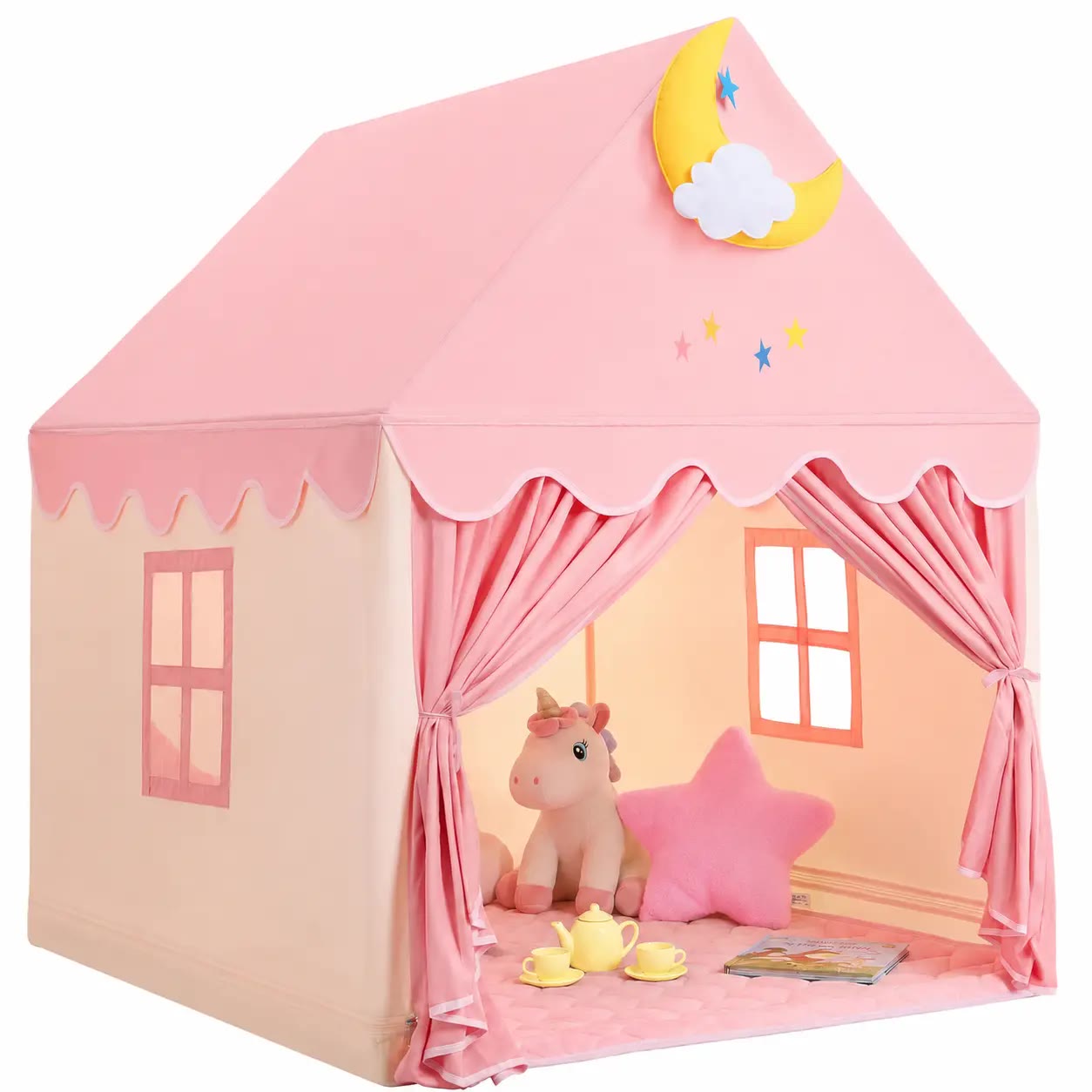 Pink House-Shaped Children's Play Tent with Curtains