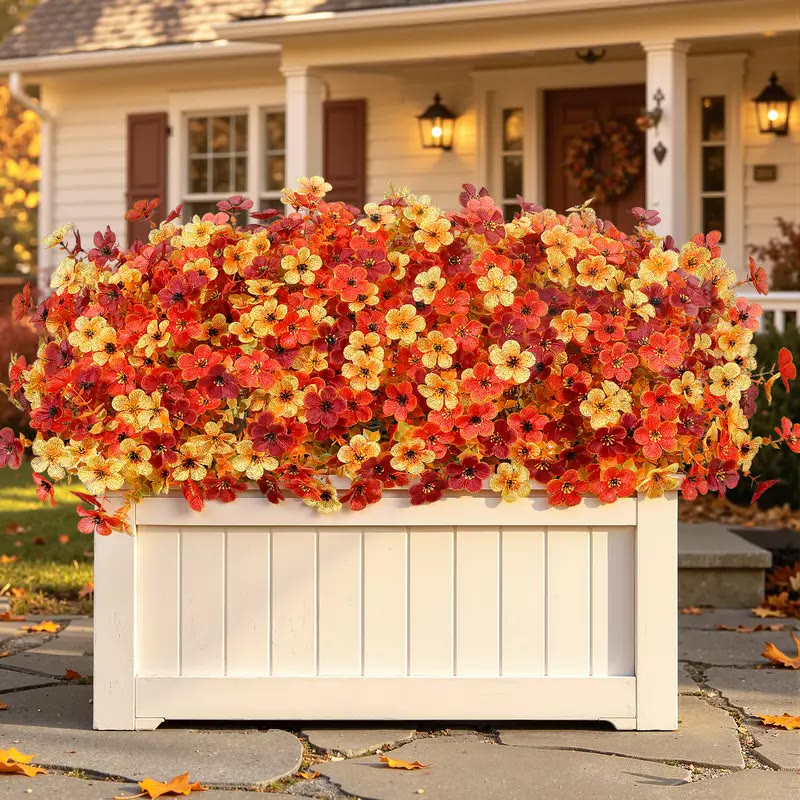 Orange and Red Faux Autumn Flowers in Woven Basket - photo 2