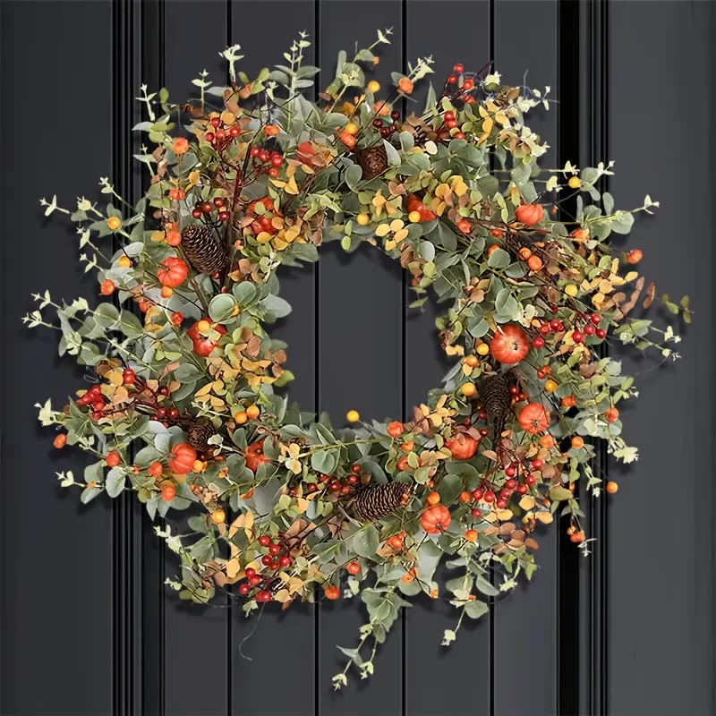 Round Faux Foliage Wreath with Pumpkins and Berries